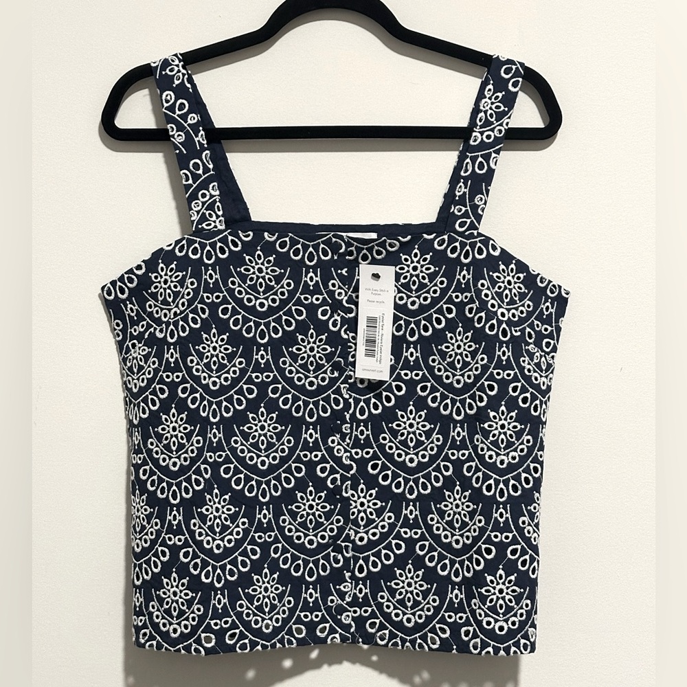 NWT Amour Vert Eyelet Tank Top Navy Blue White Size Medium Riviera Indigo Crop